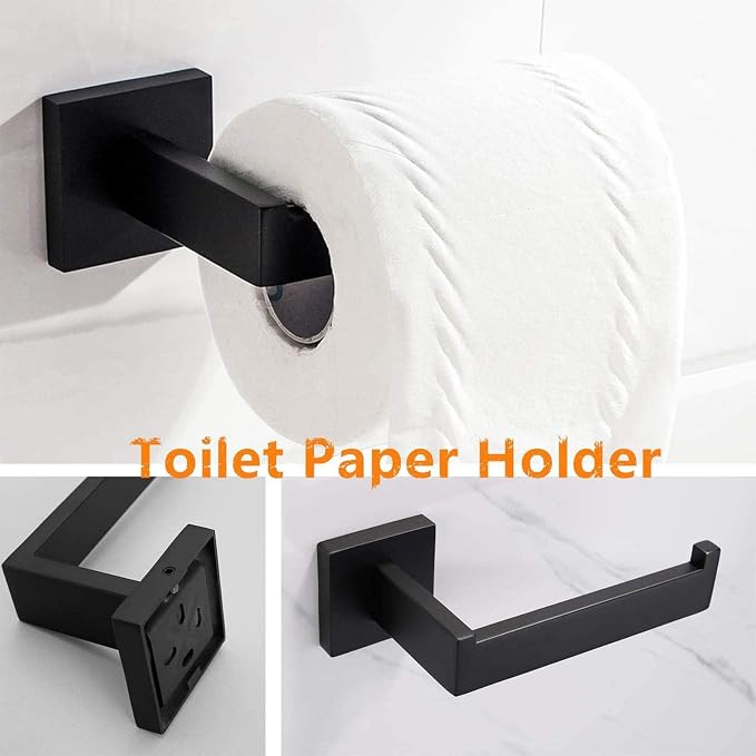 Rustproof 5-Piece Black Bathroom Hardware Set Including 24inch Towel Bar Toilet Paper Holder Towel Holder Robe Hook SUS304 Stainless Steel Wall Mount Contemporary Square Style Accessory,Matte Black