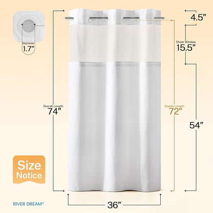 RiverDream Heavyweight Waffle No Hook Shower Curtain with Liner,White,36x74 | Dotted Waffle,Snap-in Liner,Heavy Duty,Quick Dry,Mesh Top Window,With Bottom Magnets,Hotel-Grade,Washable,Small Stall Size