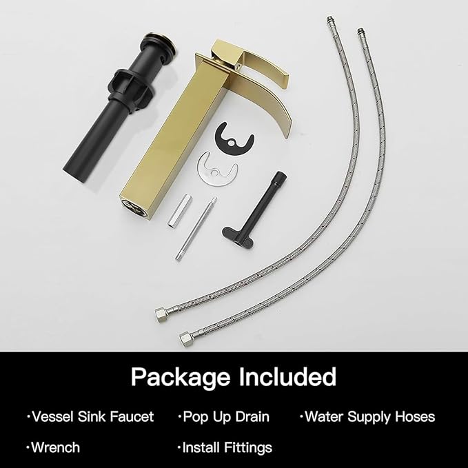 BWE Vessel Sink Faucet Modern Waterfall Brushed Gold Single Hole Bathroom Faucet Single Handle with Pop up Drain Without Overflow Assembly Vanity Basin Bath Sink Faucets Mixer Tap