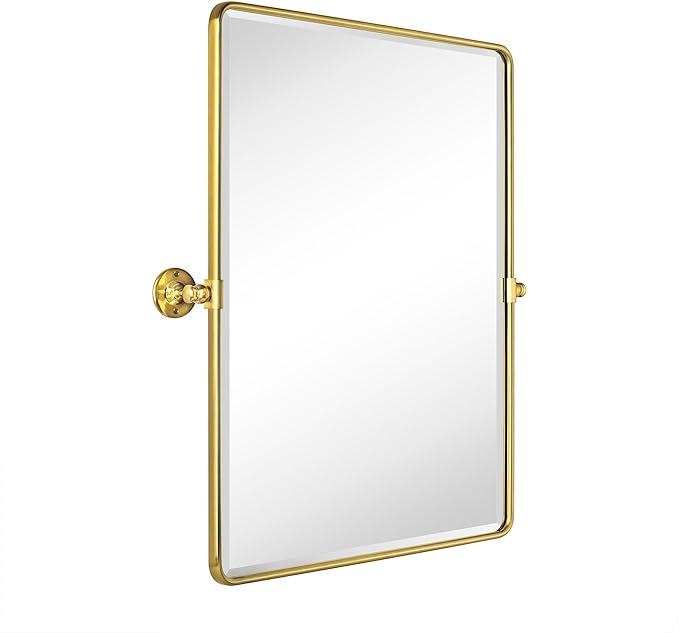 Farmhouse Pivot Rectangle Bathroom Mirror Brushed Gold Metal Framed Tilting Beveled Vanity Mirrors for Wall, Overall 27.91x 30 inches (Mirrror 24 x 30 inches)