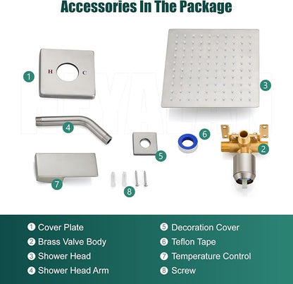Heyalan 8-Inch Square Rain Shower Faucet Set with Valve, Brushed Nickel | SUS304 stainless steel shower head, male NPT 1/2-inch valve, single-handle control, adjustable angle, 1.8 GPM