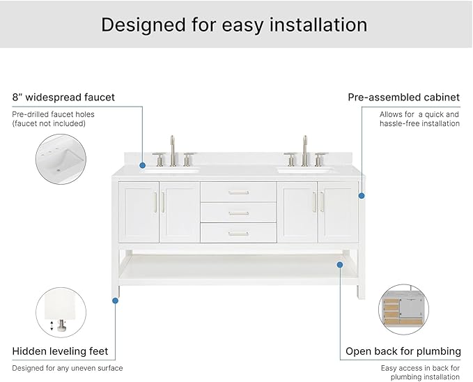 ARIEL Magnolia 72-inch Bathroom Vanity with Sink,Solid Wood, 1.5-inch Carrara White Quartz Countertop, Double Rectangular Porcelain Sink, 4 Soft Closing Doors, 3 Dovetail Drawers, White