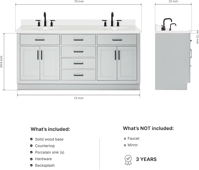 ARIEL Hepburn 72-inch Bathroom Vanity with Sink,Solid Wood, 1.5-inch Pure White Quartz Countertop & Backsplash, Double Oval Porcelain Sink, 4 Soft Closing Doors, 6 Dovetail Drawers, Grey