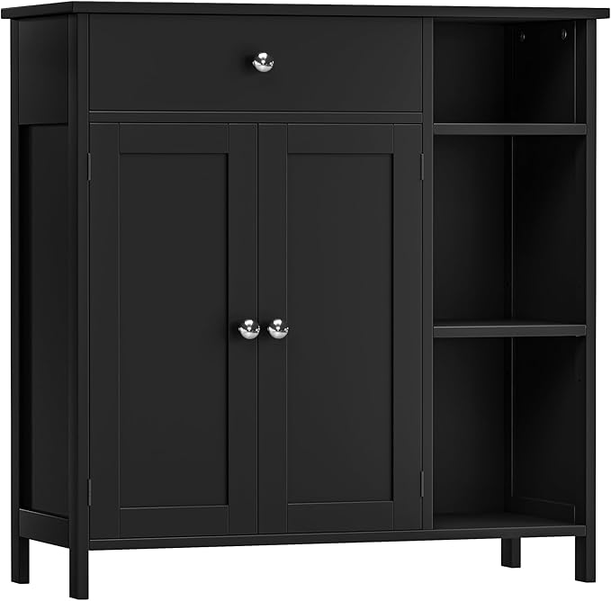 Black Bathroom Floor Cabinet with Large Drawer, Floor Storage Cabinet with Doors & Adjustable Shelves, Modern Storage Cupboard with 3 Open Shelves for Kitchen, Living Room, Entryway