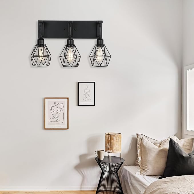 Somniferous Farmhouse Bathroom Light Fixtures, 3 Light Bathroom Vanity Lights Over Mirror, Black Vanity Light with Caged Metal Shade, Rustic Wall Sconce for Bedroom, Living Room, Hallway, E26 Socket