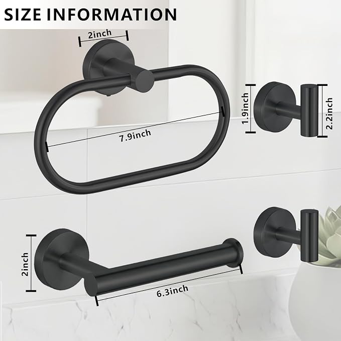 Bathroom Hardware Set Includes Towel Ring, Toilet Paper Holder and 2 Towel Hooks, SUS304 Stainless Steel Modern Wall-Mounted Bathroom Set, Rustproof Bathroom Fitting Set (Black)