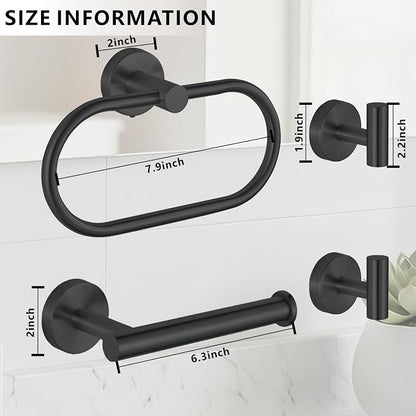 Bathroom Hardware Set Includes Towel Ring, Toilet Paper Holder and 2 Towel Hooks, SUS304 Stainless Steel Modern Wall-Mounted Bathroom Set, Rustproof Bathroom Fitting Set (Black)