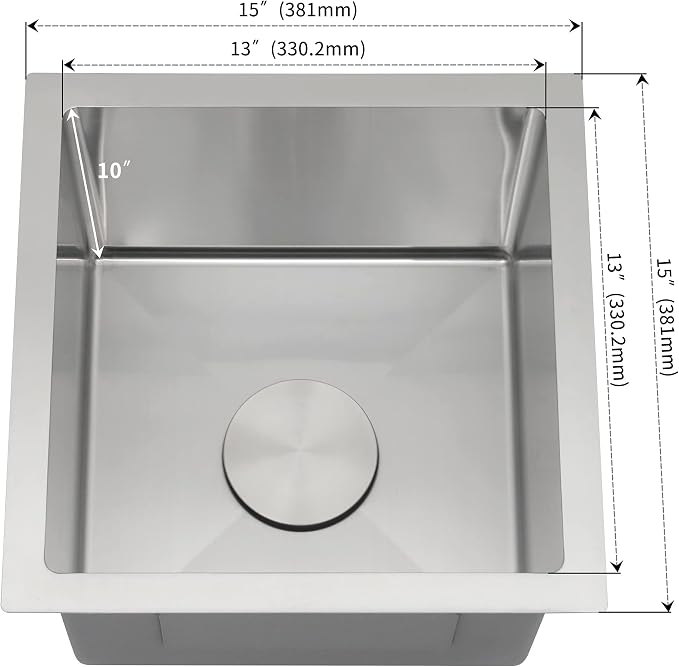 LQS 15 x 15 Undermount Bar Sink, 16 Gauge Stainless Steel, 10-Inch Deep | 10-Inch Deep Undermount Wet Bar Sink 16 Gauge Stainless Steel, Ideal for Bars, Prep Areas and Compact Kitchens