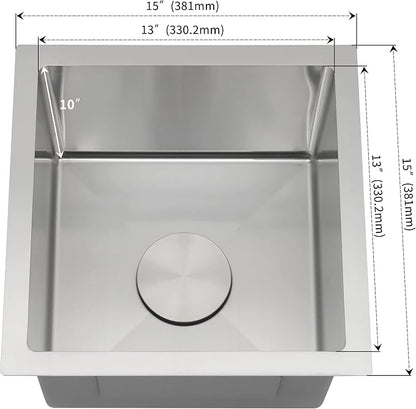 LQS 15 x 15 Undermount Bar Sink, 16 Gauge Stainless Steel, 10-Inch Deep | 10-Inch Deep Undermount Wet Bar Sink 16 Gauge Stainless Steel, Ideal for Bars, Prep Areas and Compact Kitchens