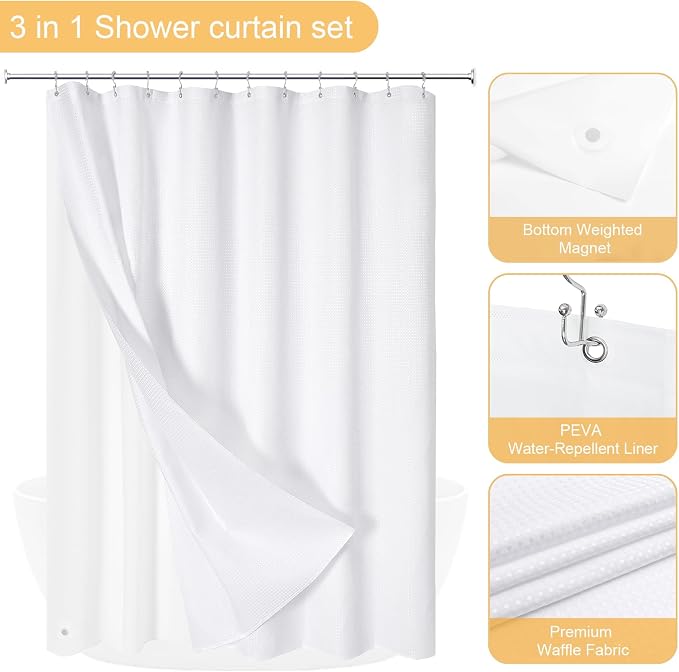 3 in 1 White Shower Curtain with PEVA Liner, 12 Hooks, 72x72 | Luxury Weighted Fabric Shower Curtain Set, 12 Stainless Steel Double-Sided Hooks, Water Repellent, Bathroom Decor