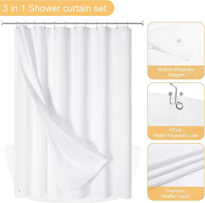 3 in 1 White Shower Curtain with PEVA Liner, 12 Hooks, 72x72 | Luxury Weighted Fabric Shower Curtain Set, 12 Stainless Steel Double-Sided Hooks, Water Repellent, Bathroom Decor