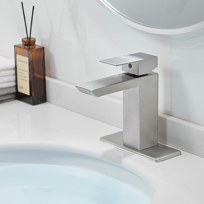 RUMOSE Brushed Nickel Bathroom Faucets Set with Pop Up Drain Single Handle Bathroom Sink Faucet 1 & 3 Hole Waterfall Spout Vanity Faucet Kit with Deck Plate RV Lavatory Basin Faucet, Stainless Steel