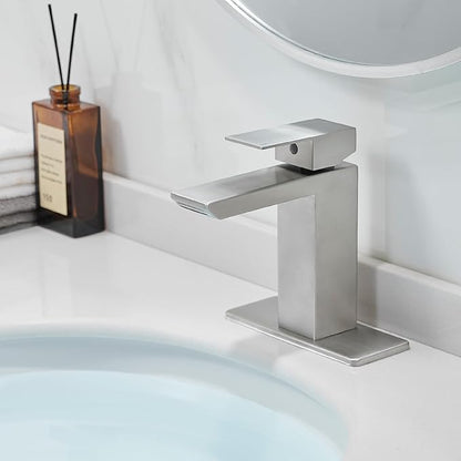 RUMOSE Brushed Nickel Bathroom Faucets Set with Pop Up Drain Single Handle Bathroom Sink Faucet 1 & 3 Hole Waterfall Spout Vanity Faucet Kit with Deck Plate RV Lavatory Basin Faucet, Stainless Steel