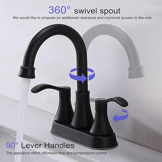 Matte Black Bathroom Sink Faucet, 2-Handle 4 Inch Centerset Lead-Free Modern Commercial, 360° Swivel High-Arc Spout Lavatory Vanity Faucets Set for Sink with Drain & Water Hoses, VALZST050B