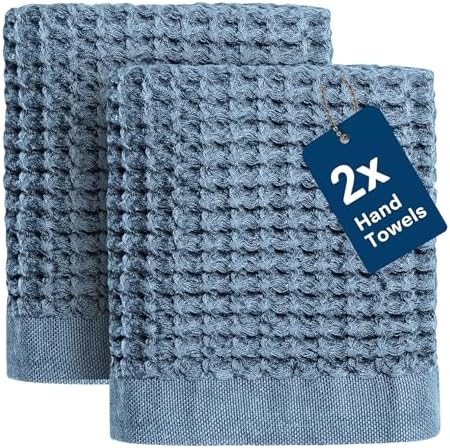 ONSEN Supima® Waffle Hand Towels, Quick Dry Lint Free 100% USA Cotton, Lightweight Absorbent Hand Towel Set, 16x30 in (Denim Blue, Hand Towel 2-Pack)