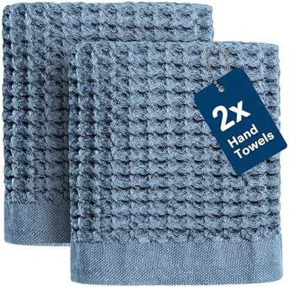 ONSEN Supima® Waffle Hand Towels, Quick Dry Lint Free 100% USA Cotton, Lightweight Absorbent Hand Towel Set, 16x30 in (Denim Blue, Hand Towel 2-Pack)
