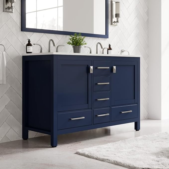 Eviva Aberdeen 48 Inch Bath Vanity with Sink Blue Bathroom Vanity with Carrara Quartz Top Freestanding Double Sink Bath vanities with Spacious Storage -Bathroom Sink Cabinet and top Combo