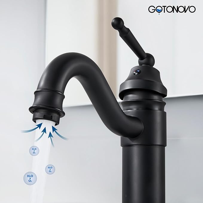gotonovo Bathroom Vessel Sink Faucet Single Handle Brass Long Reach Bathroom Faucet 1 Hole Deck Mounted Mixer Tap with Pop Up Drain Matte Black