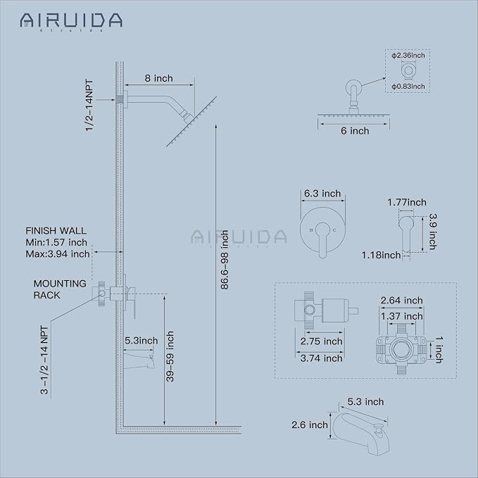 Airuida Shower Faucet Set with Tub Spout,6" Bathtub Faucet-Brushed Nickel | Male Threads Rough-In Valve,Round Head Shower System,Tub and Shower Kit Set
