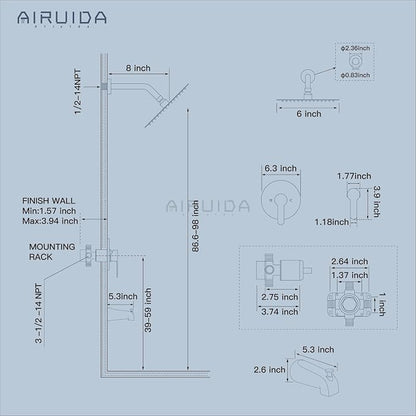 Airuida Shower Faucet Set with Tub Spout,6" Bathtub Faucet-Chrome Polish | Male Threads Rough-In Valve,Round Head Shower System,Tub and Shower Kit Set