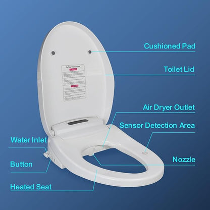 KERDE 08 Bidet Toilet Seat, White, Endless Warm Water, Rear and Front Wash, LED Light, Quiet Operation, Wireless Remote,1-click control Elongated,Bidets for Existing Toilets Smart