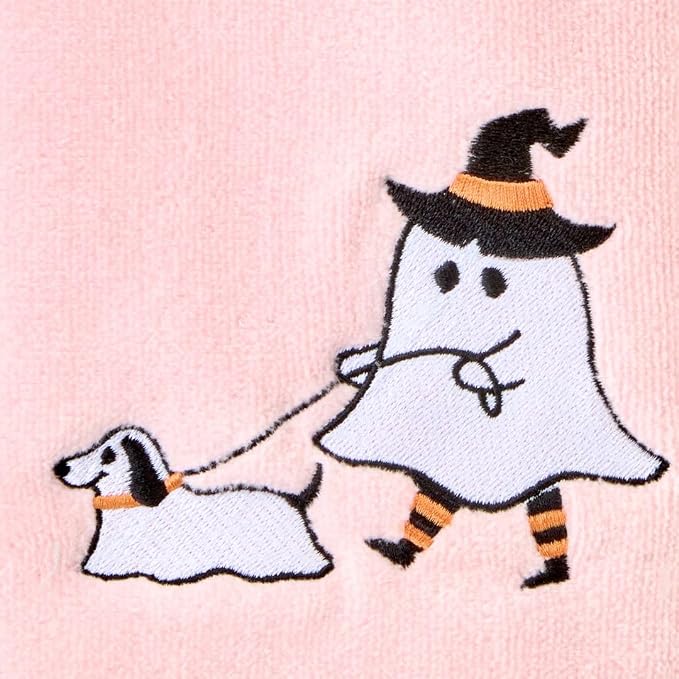 SKL Home Halloween Ghost Walking Dog Hand Towel Set-2pc, 100% Cotton, Pink | Soft, embroidered velour. Great for the bathroom, kitchen or bar & gifting.