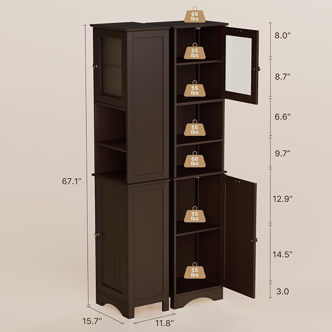 Gizoon Tall Bathroom Storage Cabinet | Freestanding Linen Cabinet with Two-Way Doors, Adjustable Shelves, for Home, Kitchen, Living Room, Dark Brown