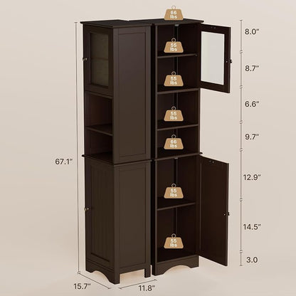 Gizoon Tall Bathroom Storage Cabinet | Freestanding Linen Cabinet with Two-Way Doors, Adjustable Shelves, for Home, Kitchen, Living Room, Dark Brown
