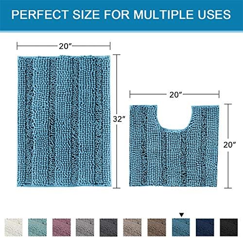 H.VERSAILTEX Bathroom Rugs Bath Rug Set 2 Piece Bathroom Contour Rug Toilet Mat Sets Non Slip Contour Bath Rug Ultra Thick Water Absorbent Striped Bath Mats(20" x 32" Plus 20" x 20" U, Turquoise Blue)