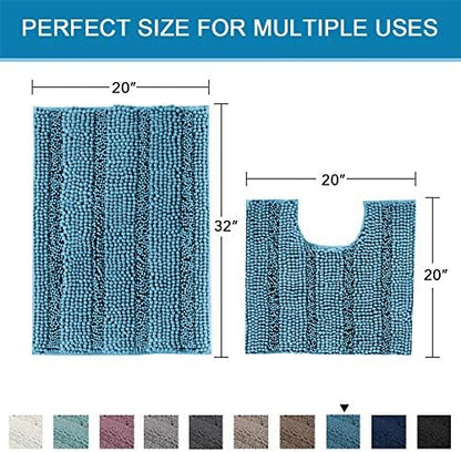 H.VERSAILTEX Bathroom Rugs Bath Rug Set 2 Piece Bathroom Contour Rug Toilet Mat Sets Non Slip Contour Bath Rug Ultra Thick Water Absorbent Striped Bath Mats(20" x 32" Plus 20" x 20" U, Turquoise Blue)