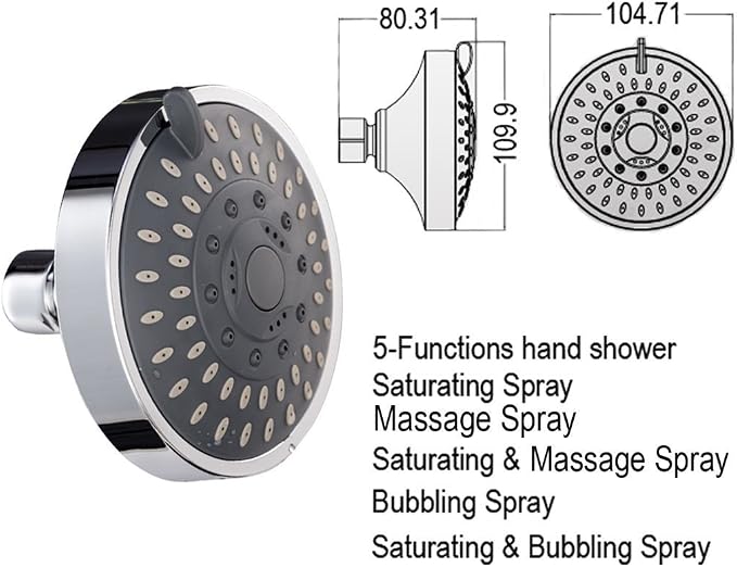 Shower Head High High Flow Pressure Rain Fixed Showerhead 5-Setting with Bathroom Showerhead with Adjustable Brass Ball Joint - for Luxury Shower Experience Even at Low Water Pressure