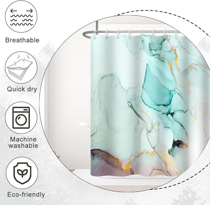 Turquoise Shower Curtain, Modern Teal Marble Shower Curtain for Bathroom Aesthetic Ink Texture Waterproof Shower Curtain Set with Hooks, 48x72 Inch