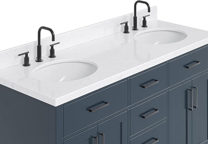 ARIEL Hepburn 60-inch Bathroom Vanity with Sink,Solid Wood, 1.5-inch Carrara White Quartz Countertop, Double Oval Porcelain Sink, 4 Soft Closing Doors, 6 Dovetail Drawers, Midnight Blue