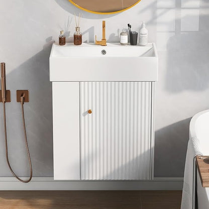 21.6 in Floating Bathroom Vanity with Sink,Soft Closing Doors,Solid Wood Frame & MDF Modern Single Small White Bathroom Vanity Cabinet with Open Shelf,Wall Mounted