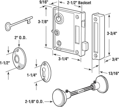 Prime-Line E 2437 Vertical Trim Vintage Lock Set – Cast Steel, Brass Plated Knobs, Antique Skeleton Key Lock System – 2-1/2” Backset, Surface Mounted, Right-Hand Swing-In Interior Doors (Single Pack)