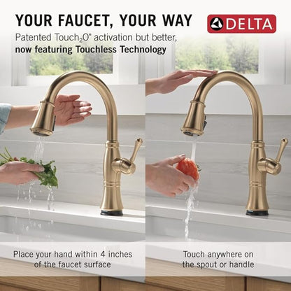 Delta Cassidy Touchless Kitchen Faucet with Touch Technology, Brushed Gold Kitchen Sink Faucet with Pull Down Sprayer, Single Hole, Lumicoat Champagne Bronze 9197TL-CZ-PR-DST