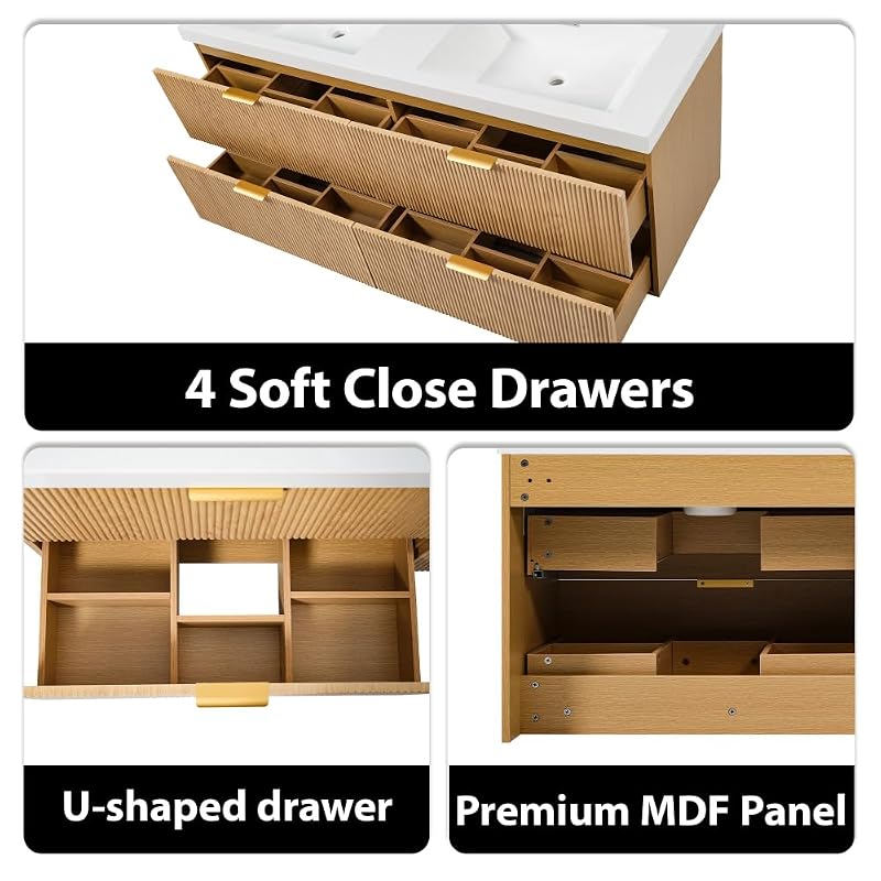 60 Inch Natural Color Floating Double Sink Bathroom Vanity with SMC Countertop and 4 Divided Drawers for Medium or Large Bathroom Room, Painted MDF Cabinet, Wall-Mounted
