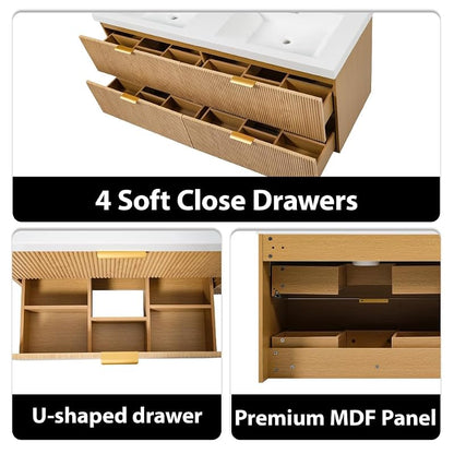 60 Inch Natural Color Floating Double Sink Bathroom Vanity with SMC Countertop and 4 Divided Drawers for Medium or Large Bathroom Room, Painted MDF Cabinet, Wall-Mounted