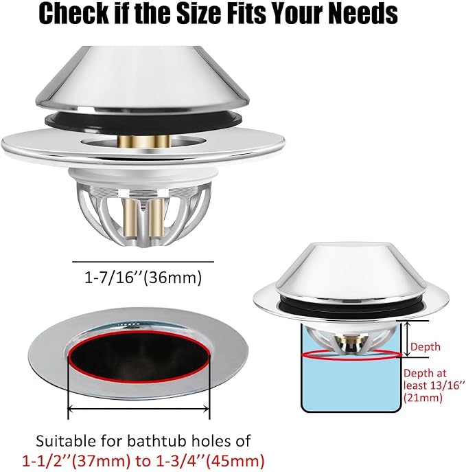 Anlige Bathtub Drain Stopper,Pop Up Tub Stopper Bottom with Drain Hair Catcher,Bathtub Plug and Cover with Strainer,Universal for 1.45 to 1.8in Drain Hole,Replaces Lift & Turn, Tip-Toe or Trip Lever