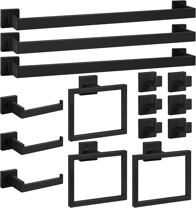 Cilee 15-Pieces Matte Black Bathroom Hardware Set, 24 inch Towel Bar Set | Towel Bar, Square Towel Ring Toilet Paper Holder Towel Hook, Bathroom Accessories Wall-Mounted Stainless Steel Towel Rack Set