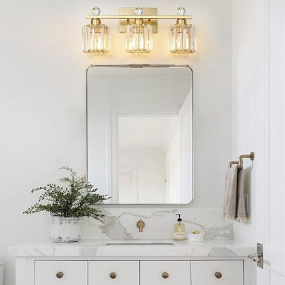 3-Light Gold Bathroom Light Fixtures,Modern Bathroom Vanity Lights Fixture with Clear Crystal Glass Shade, Modern Crystal 3 Lights Wall Sconce for Mirror Bedroom Living Room
