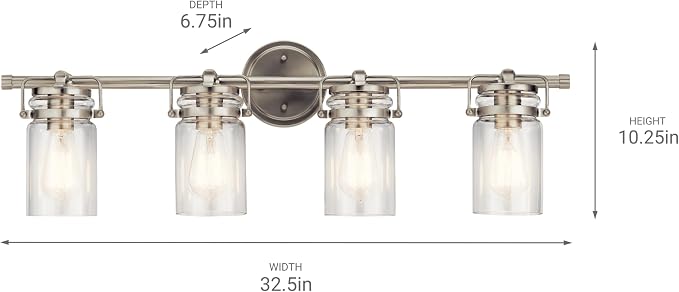 Kichler Brinley 4-Light Farmhouse Vanity Light, Brushed Nickel | Modern farmhouse vanity light with clear glass for bathroom mirrors (32.25" x 10"), 45690NI