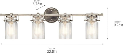 Kichler Brinley 4-Light Farmhouse Vanity Light, Brushed Nickel | Modern farmhouse vanity light with clear glass for bathroom mirrors (32.25" x 10"), 45690NI