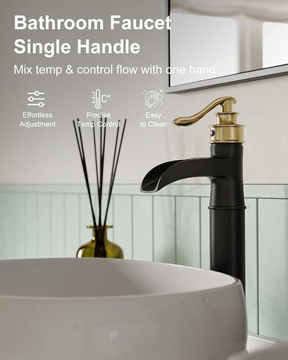 BWE Waterfall Vessel Sink Faucet Black and Gold Bathroom Faucet 1 Hole Single Handle Tall Bathroom Faucet with Pop Up Drain Assembly and Supply Lines Lavatory Vanity Bath Mixer Tap