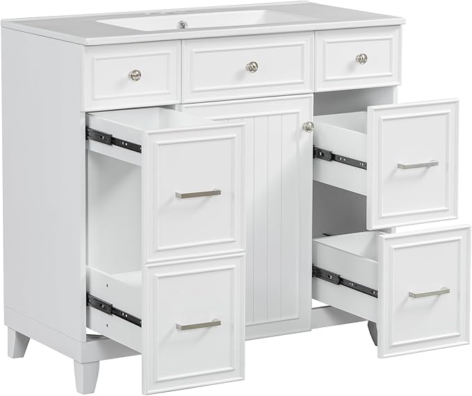 Favfurish 36" Bathroom Vanity with Ceramic Sink,Undermount Single Basin Bath Vanity Set w/Soft Closing Door and 3 Drawers,Modern Freestanding Storage Cabinet,Solid Wood Frame,White