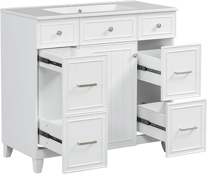 Favfurish 36" Bathroom Vanity with Ceramic Sink,Undermount Single Basin Bath Vanity Set w/Soft Closing Door and 3 Drawers,Modern Freestanding Storage Cabinet,Solid Wood Frame,White