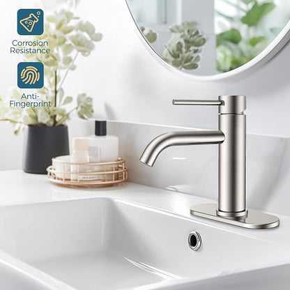 FORIOUS Single Hole Bathroom Faucets 1 Handle, Brushed Nickel 3 Hole Bathroom Sink Faucet with Metal Pop up Drain and Supply Hose, Suitable for Vanity Lavatory Restroom Remodel