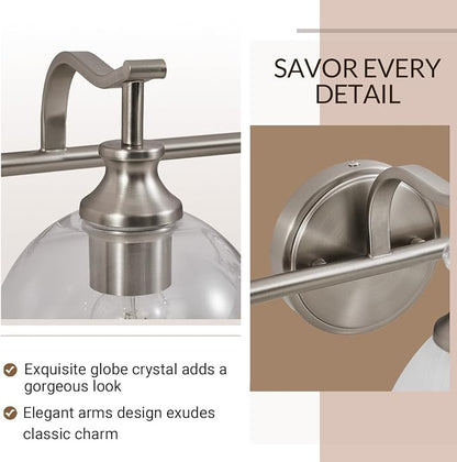 Brushed Nickel Bathroom Light Fixtures, 1-Light Vanity Lights, Modern Bathroom Wall Sconces Lighting with Globe Clear Glass Shade Up or Down Wall Mounted for Kitchen, Living Room, Hallway