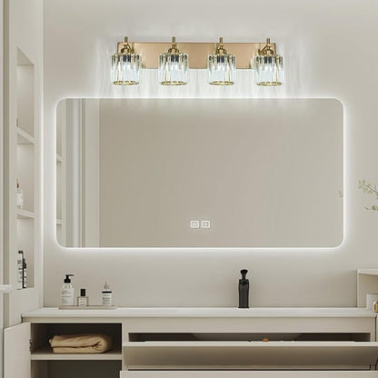 Modern Crystal Bathroom Vanity Lights, Gold 4-Lights Bathroom Light Fixtures Over Mirror, Crystal Wall Lighting with Polished Gold Finish