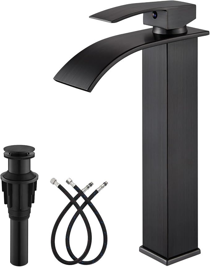 gotonovo Modern Waterfall Tall Bathroom Faucet 1 Hole, Oil Rubbed Bronze | Vessel Sink Faucet Single Handle 304 Stainless Steel,Pop Up Drain,24" cUPC Supply Line,for Lavatory Vanity Restroom Basin RV